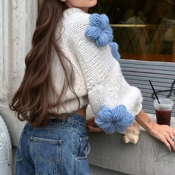 White Casual Women's Jacquard Floral Patchwork Knit Cardigan - Picture 2 of 7